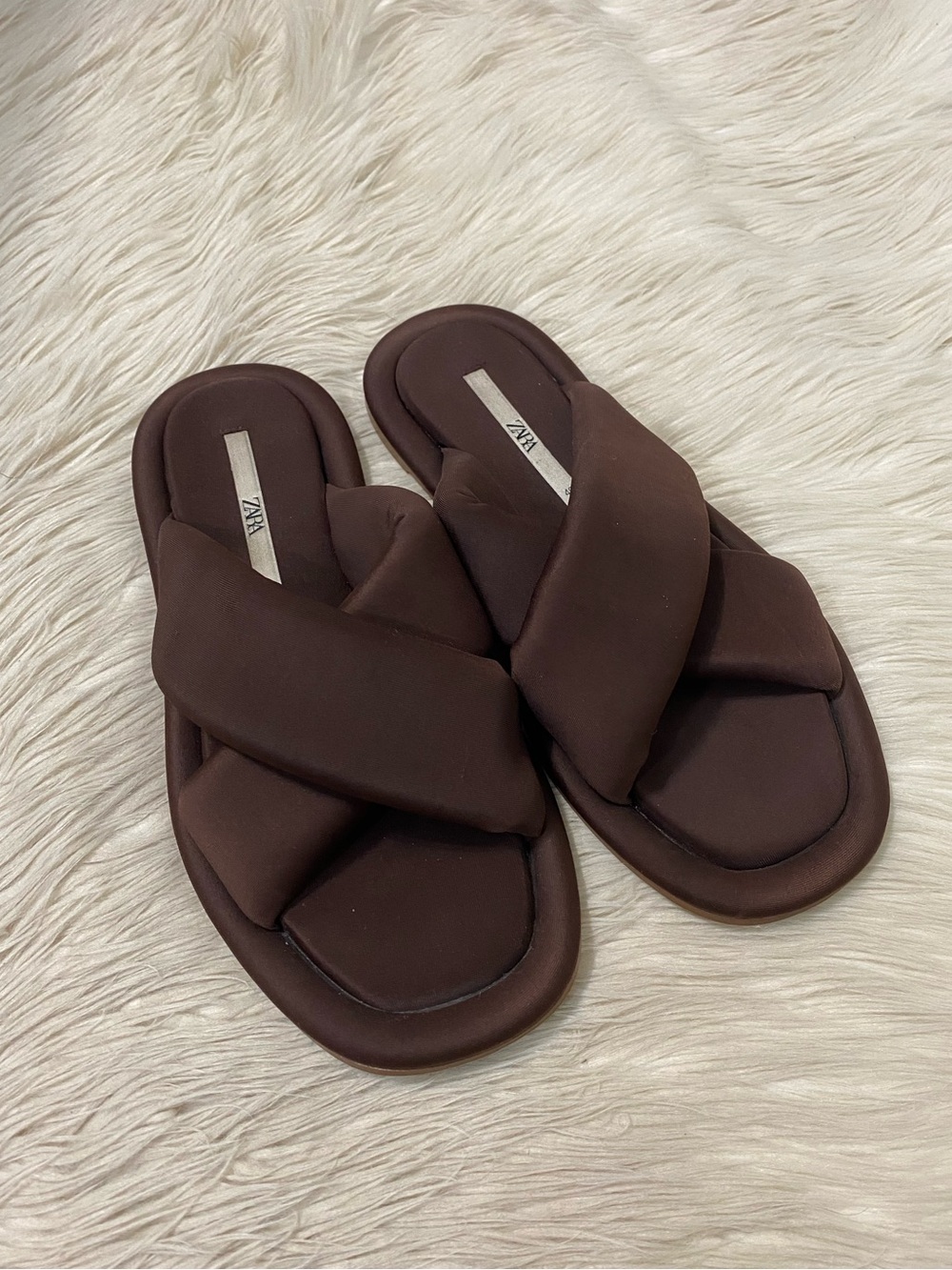 Zara Puffy Slip On Crisscross Sandals Dark Chocolate Brown Square Toe 40 US 9 - Picture 3 of 11